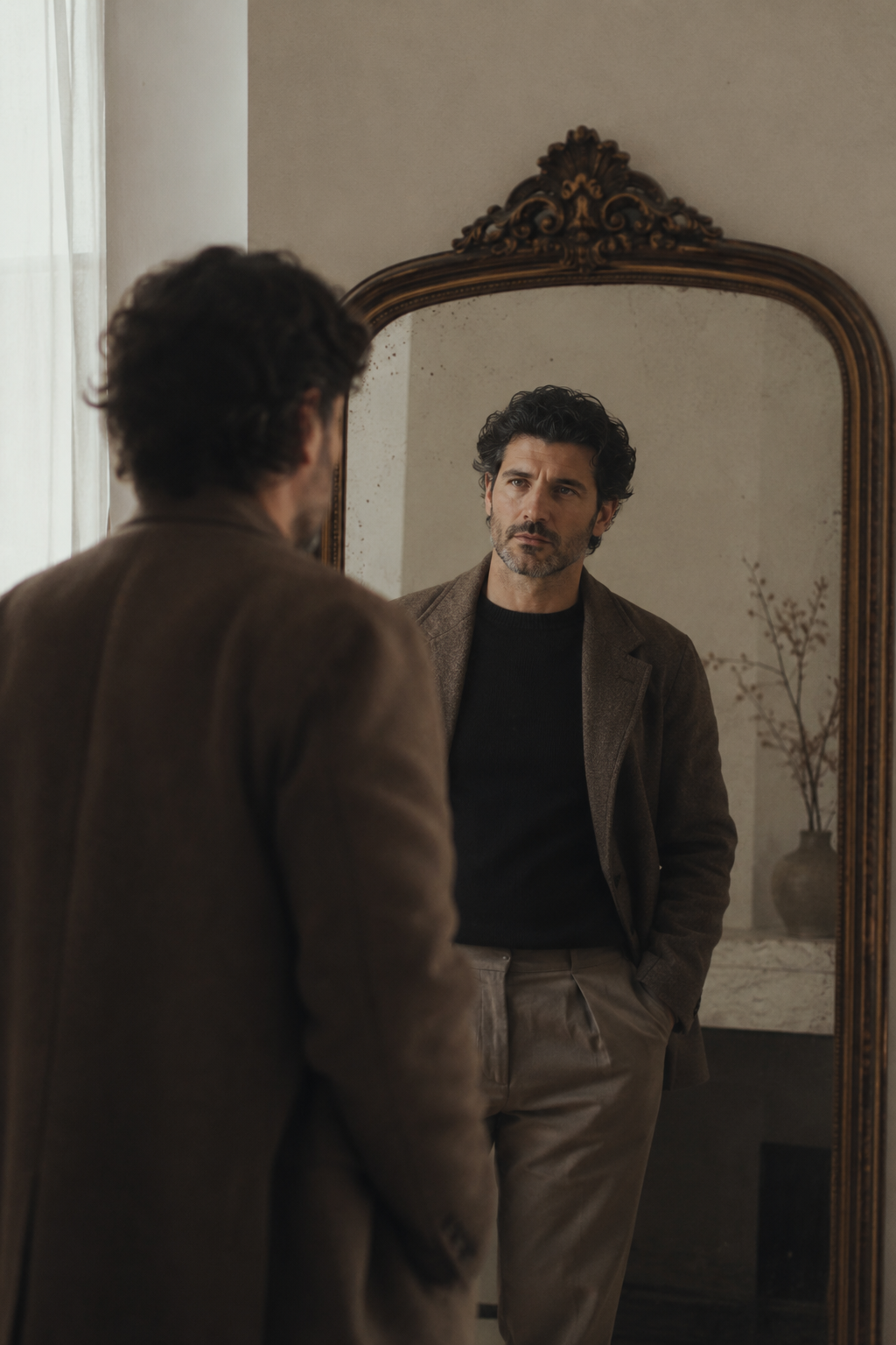 Homem diante de um espelho ornamentado, encarando o próprio reflexo.