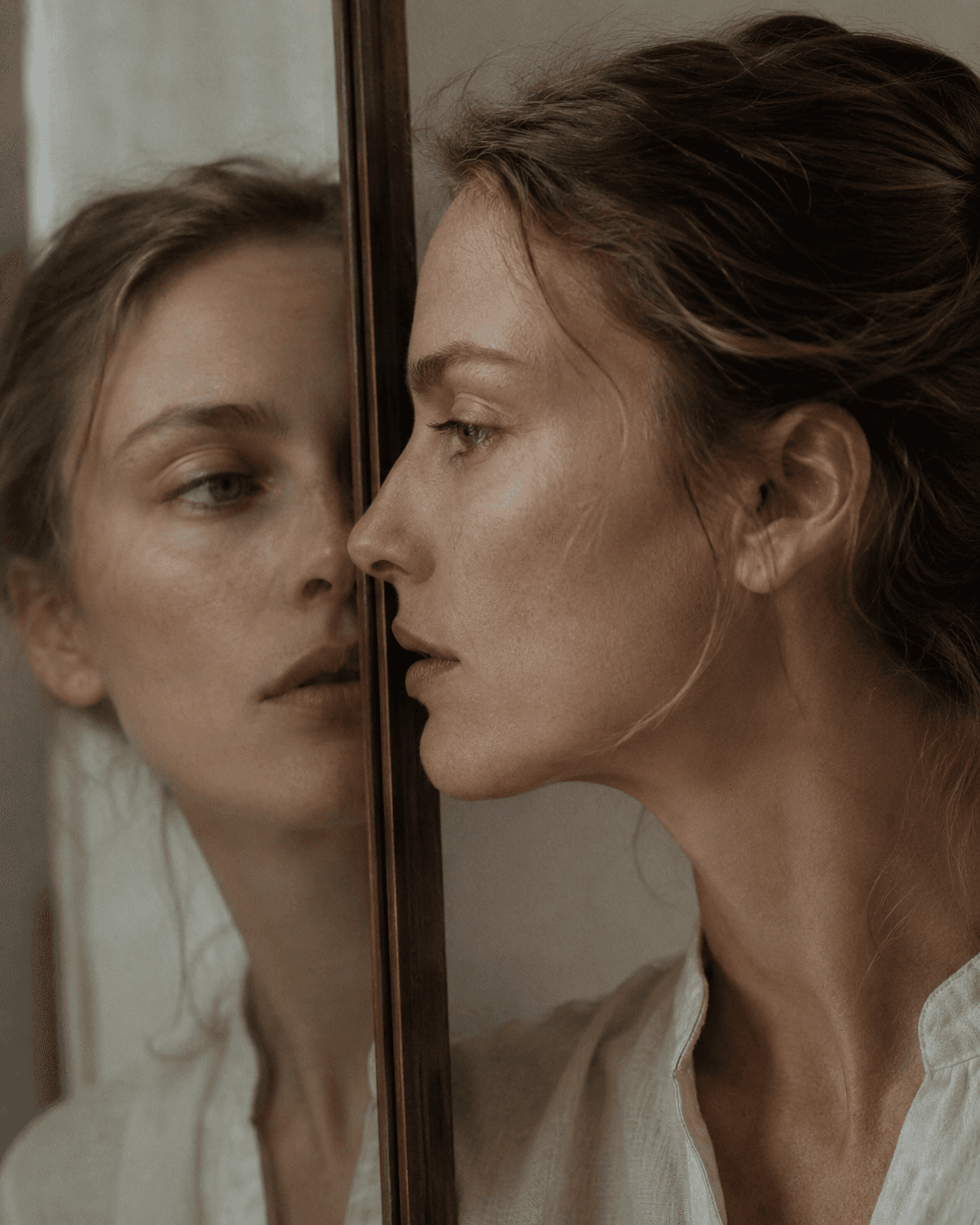 A face beside its own reflection, divided by the edge of the mirror.